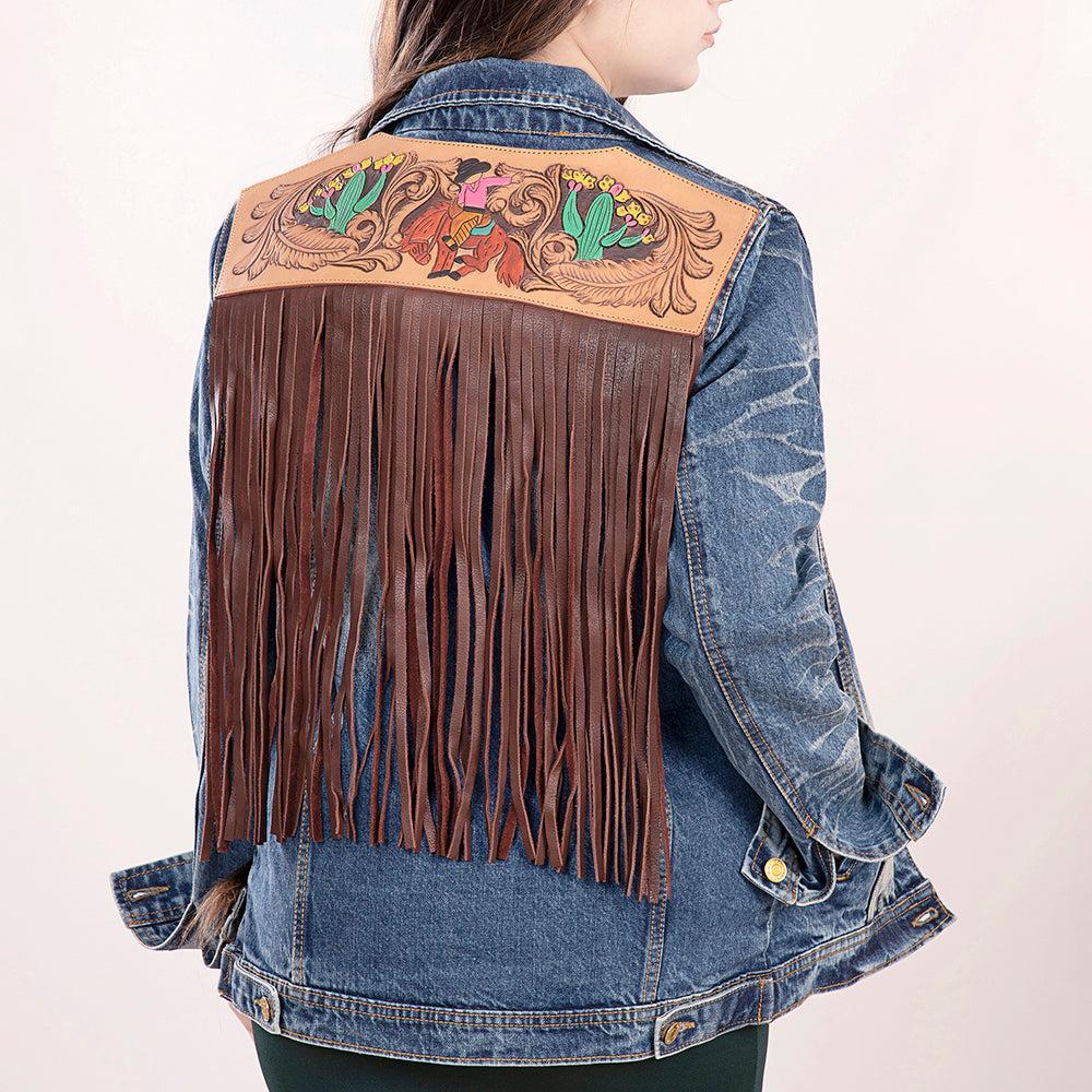 Genuine leather Hand tooled hand carved Women 100% cotton Denim jacket dress