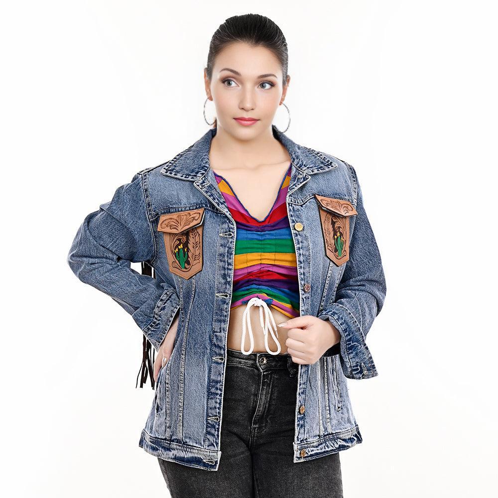Genuine leather Hand tooled hand carved Women 100% cotton Denim jacket dress