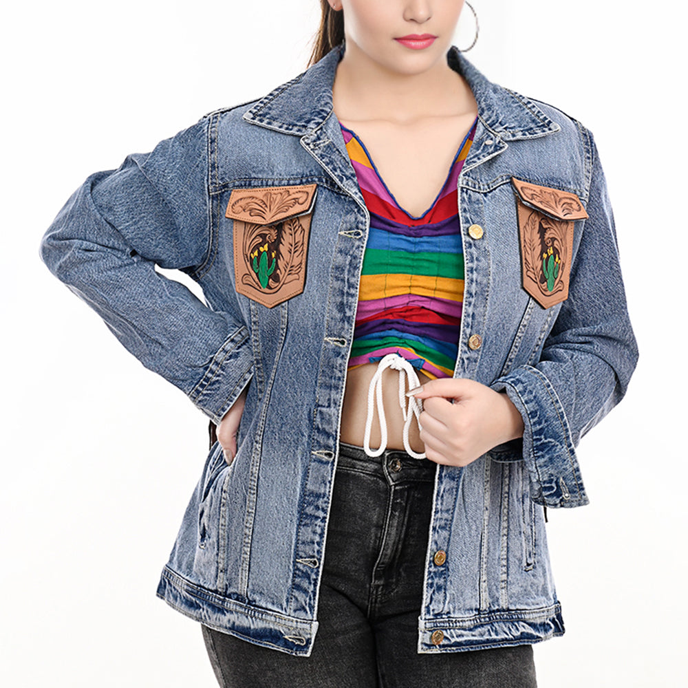 American Darling Genuine leather Hand tooled carved Women 100% cotton Denim jacket dress ladies girl | Shirt for