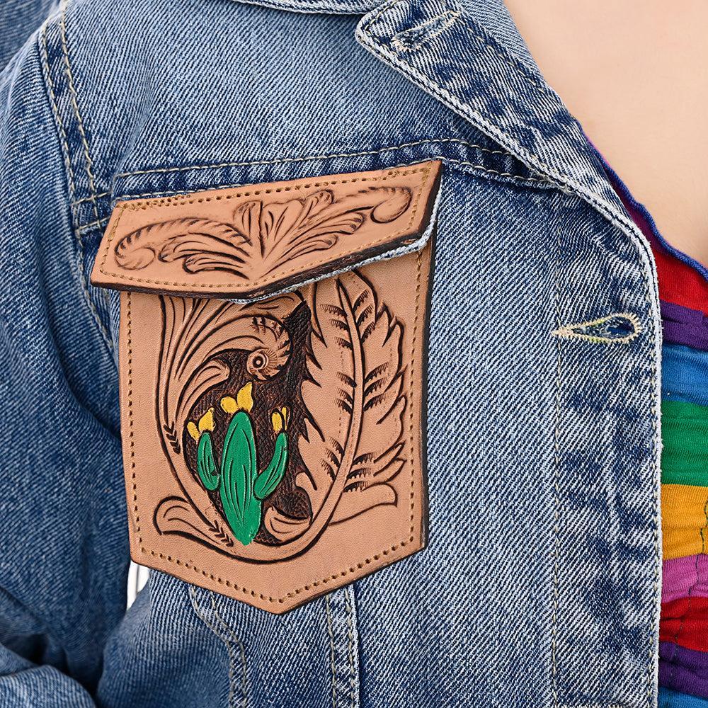 Genuine leather Hand tooled hand carved Women 100% cotton Denim jacket dress