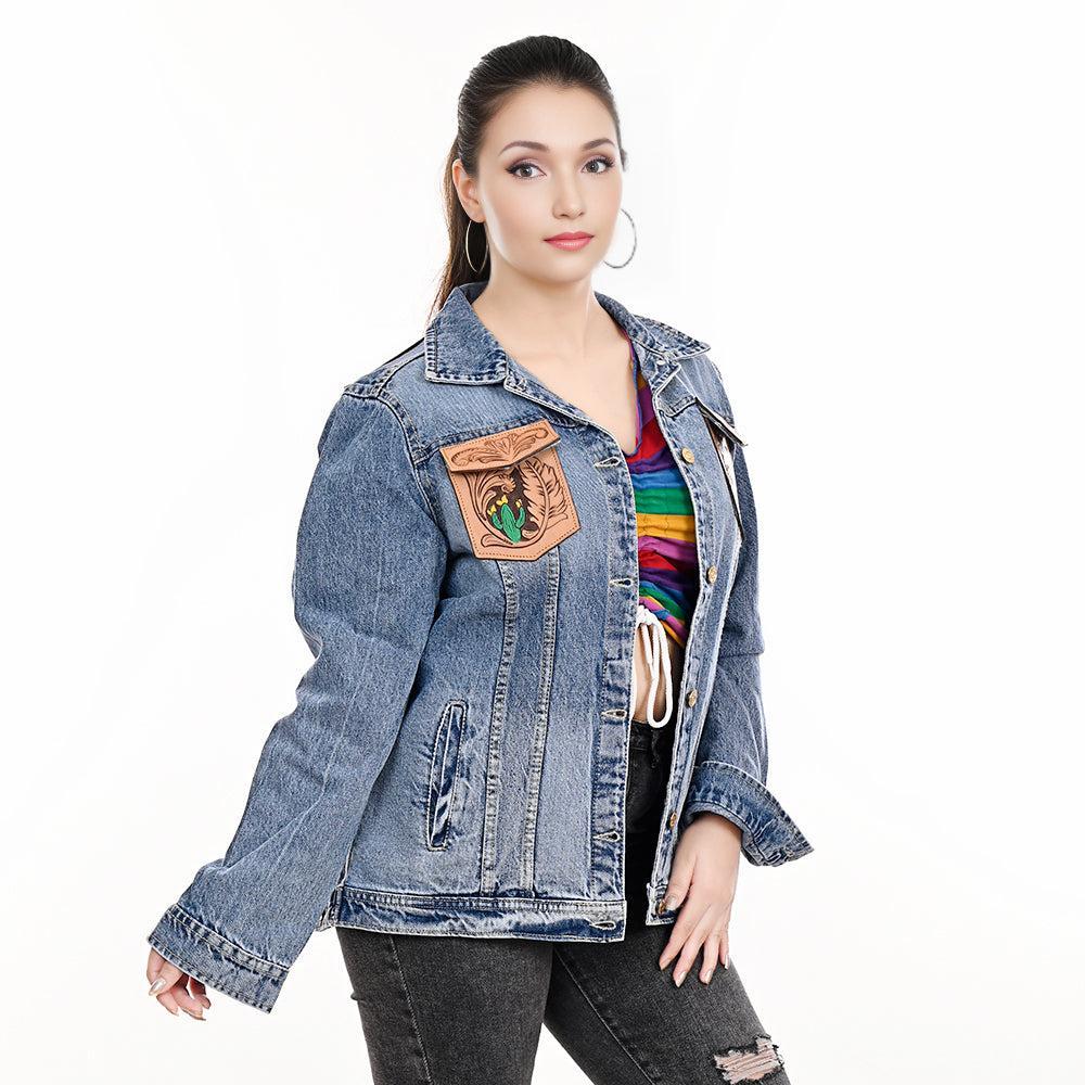 Genuine leather Hand tooled hand carved Women 100% cotton Denim jacket dress