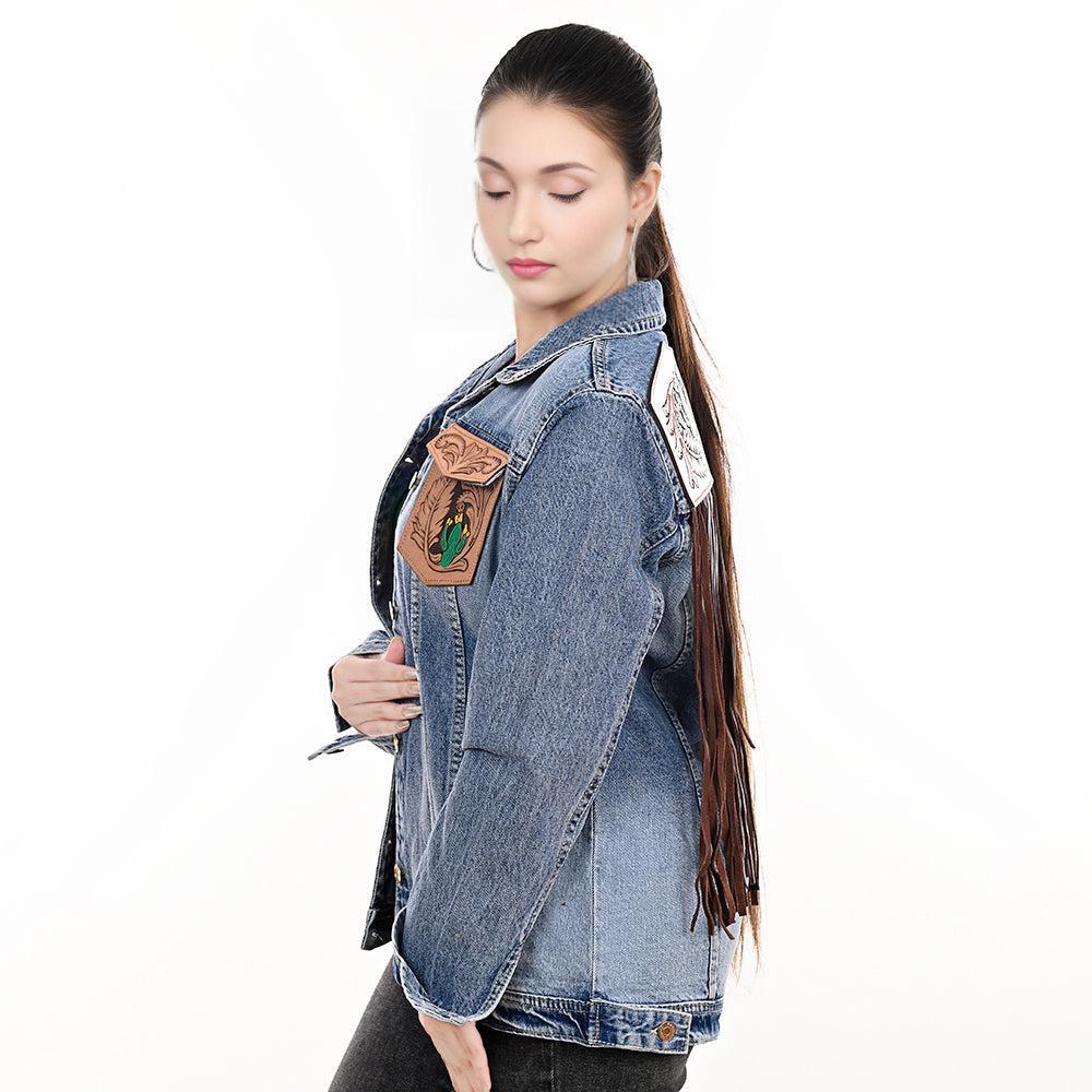 Genuine leather Hand tooled hand carved Women 100% cotton Denim jacket dress