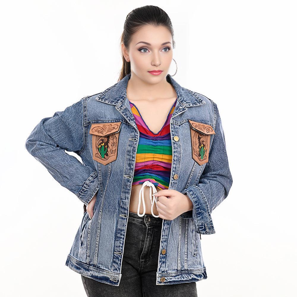 Genuine leather Hand tooled hand carved Women 100% cotton Denim jacket dress