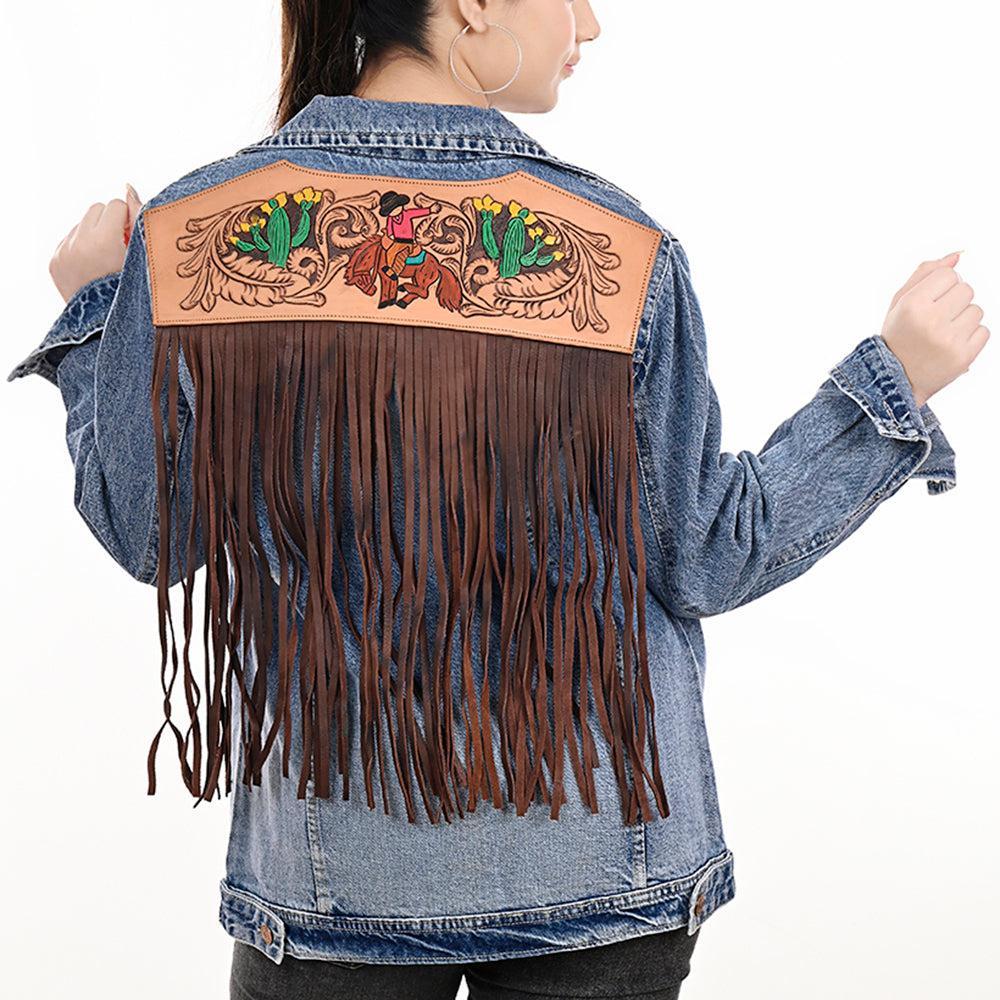 Genuine leather Hand tooled hand carved Women 100% cotton Denim jacket dress