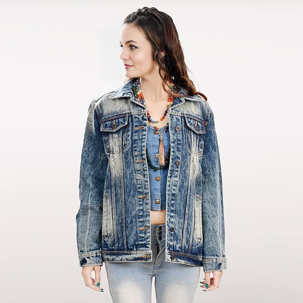 Genuine leather Hand tooled hand carved Women 100% cotton Denim jacket dress