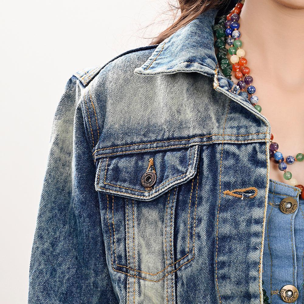 Genuine leather Hand tooled hand carved Women 100% cotton Denim jacket dress