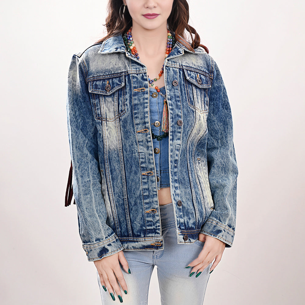 American Darling Genuine leather Hand tooled carved Women 100% cotton Denim jacket dress ladies girl | Shirt for