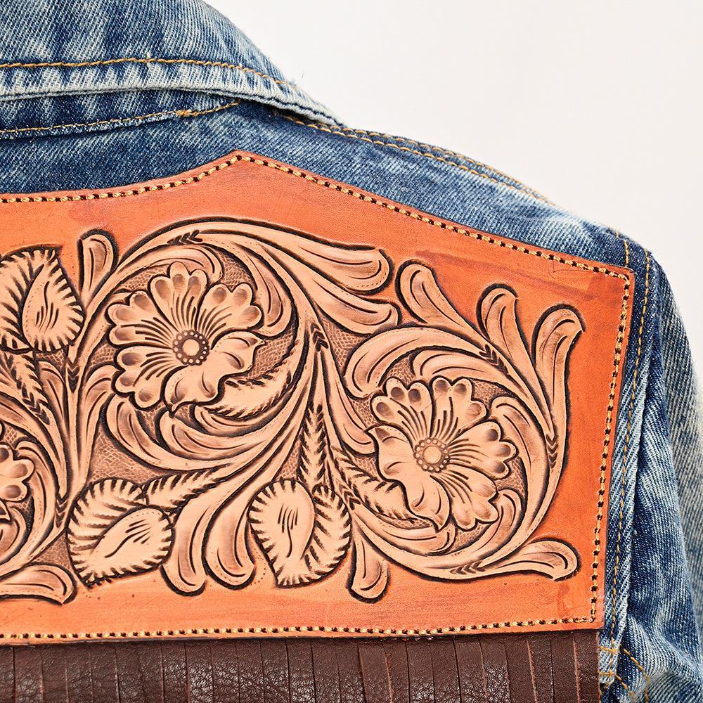 Genuine leather Hand tooled hand carved Women 100% cotton Denim jacket dress