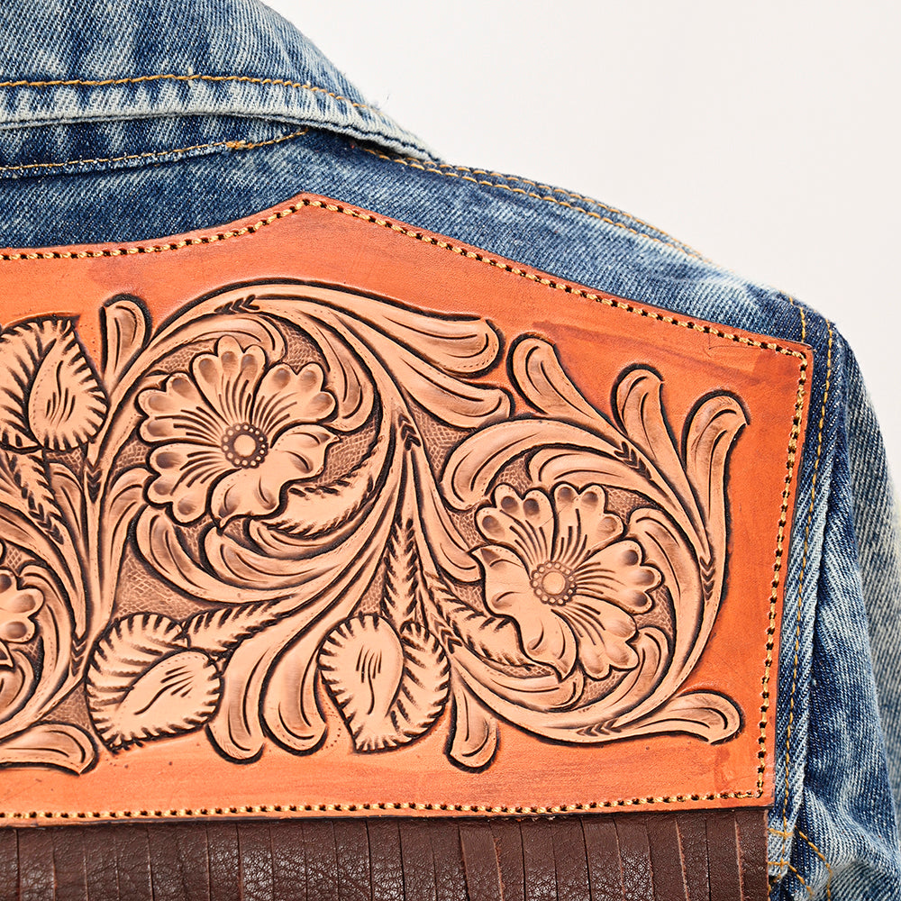 American Darling Genuine leather Hand tooled carved Women 100% cotton Denim jacket dress ladies girl | Shirt for