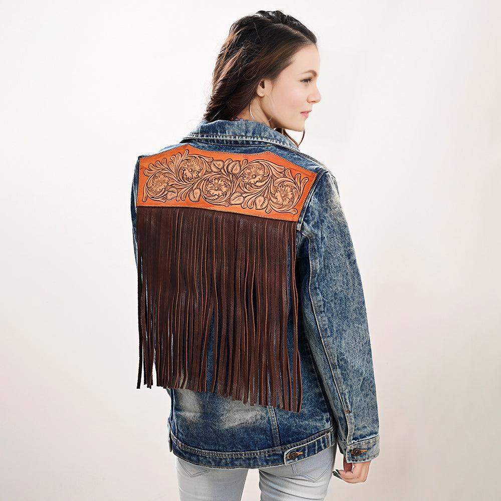 Genuine leather Hand tooled hand carved Women 100% cotton Denim jacket dress