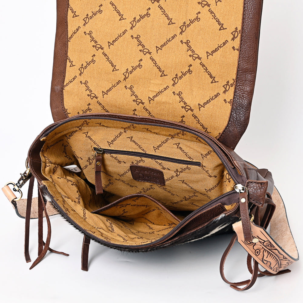 American Darling Genuine Leather Messenger Bag Women Hair-On Cowhide Floral Hand Tooled Purse YKK Zipper Full Grain
