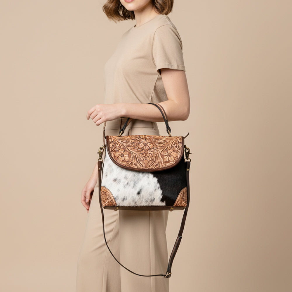 American Darling Genuine Leather Messenger Bag Women Hair-On Cowhide Floral Hand Tooled Purse YKK Zipper Full Grain