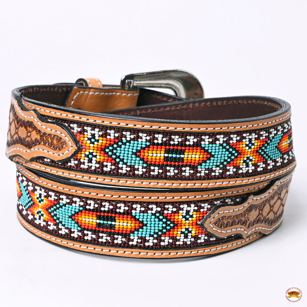 HILASON Hand-Tooled Leather Western Belt with Beaded Design