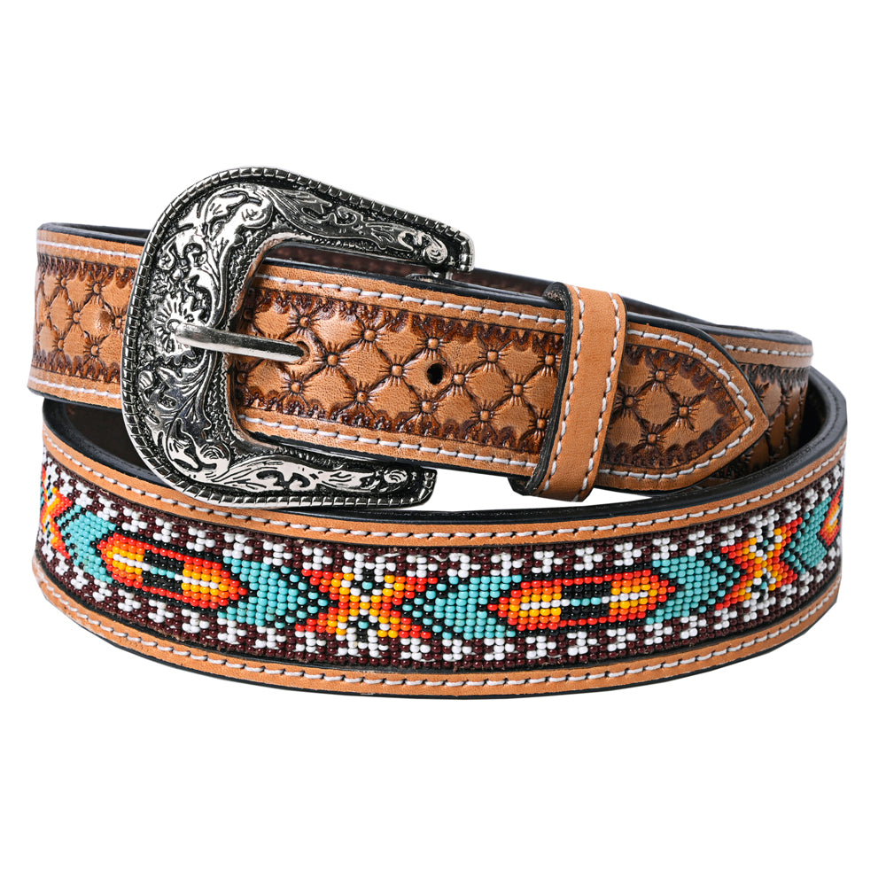 HILASON Hand-Tooled Leather Western Belt with Beaded Design