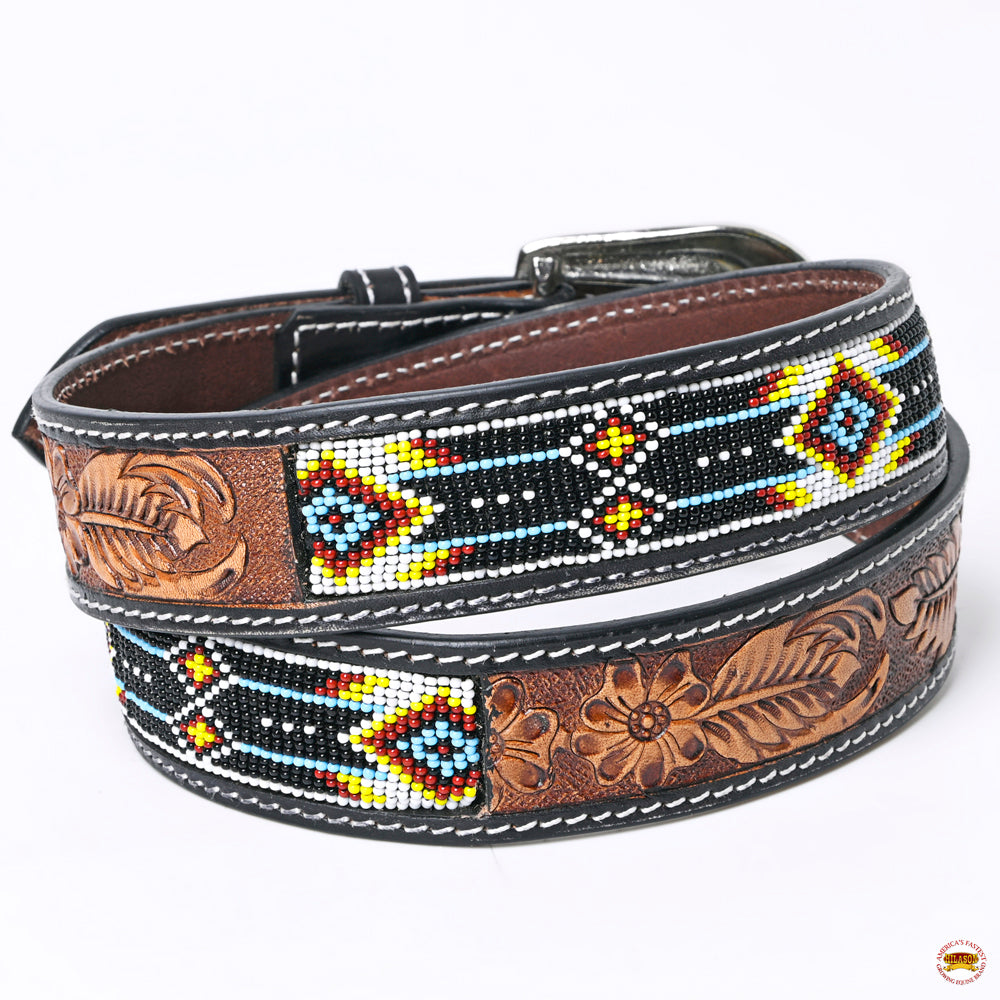 HILASON Hand-Tooled Leather Western Belt with Beaded Design