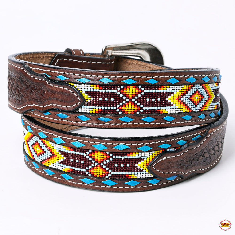 HILASON Hand-Tooled Leather Western Belt with Beaded Design