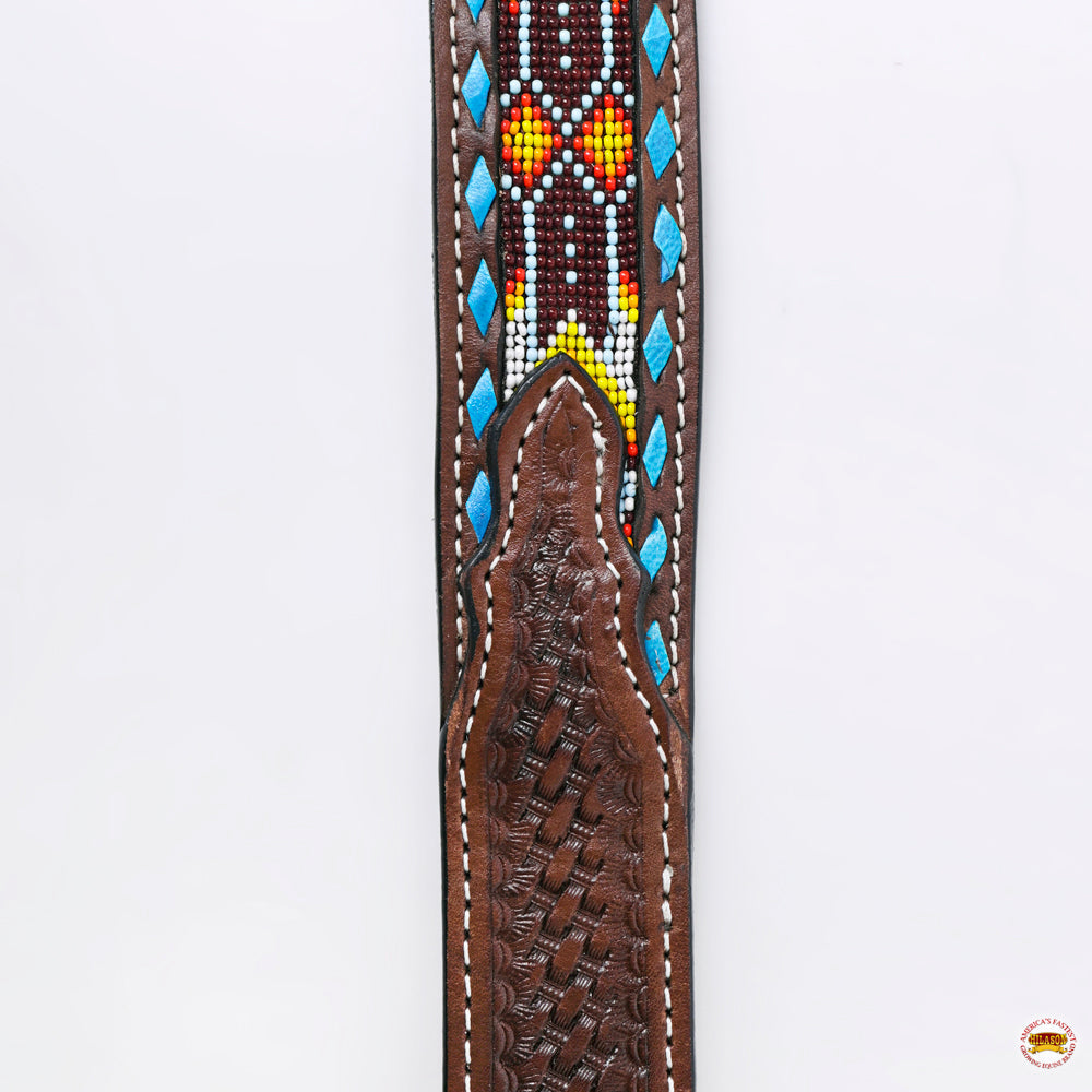 HILASON Hand-Tooled Leather Western Belt with Beaded Design