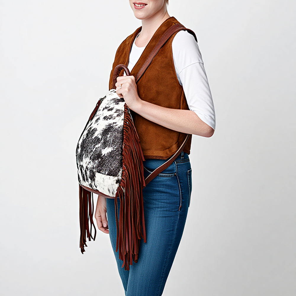 American darling Western Leather Sling Bag with Fringes, Hair-On Cowhide & Saddle Blanket  – Handcrafted, Stylish & Durable, Perfect for Everyday Use