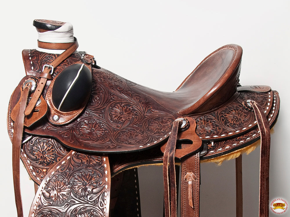 Hilason Western Wade Ranch Roping Floral Leather Saddle — Brown