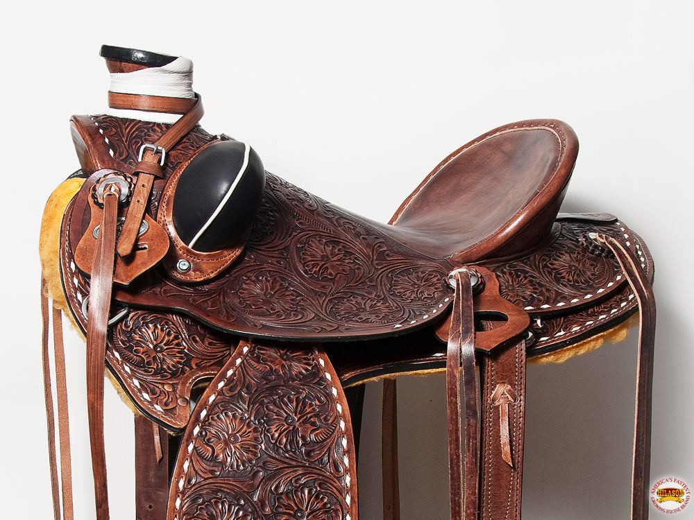 Hilason Western Wade Ranch Roping Floral Leather Saddle — Brown