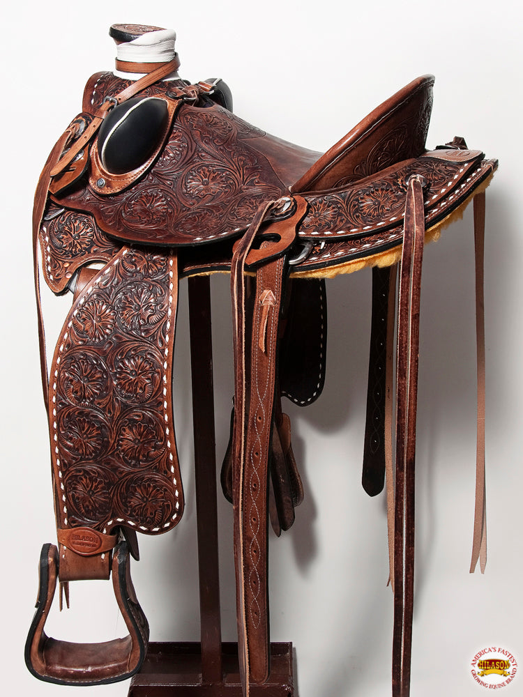 Hilason Western Wade Ranch Roping Floral Leather Saddle — Brown