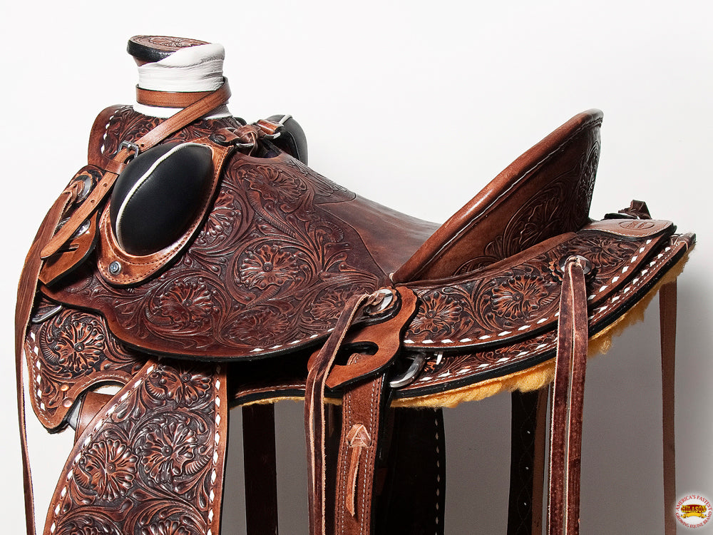 Hilason Western Wade Ranch Roping Floral Leather Saddle — Brown