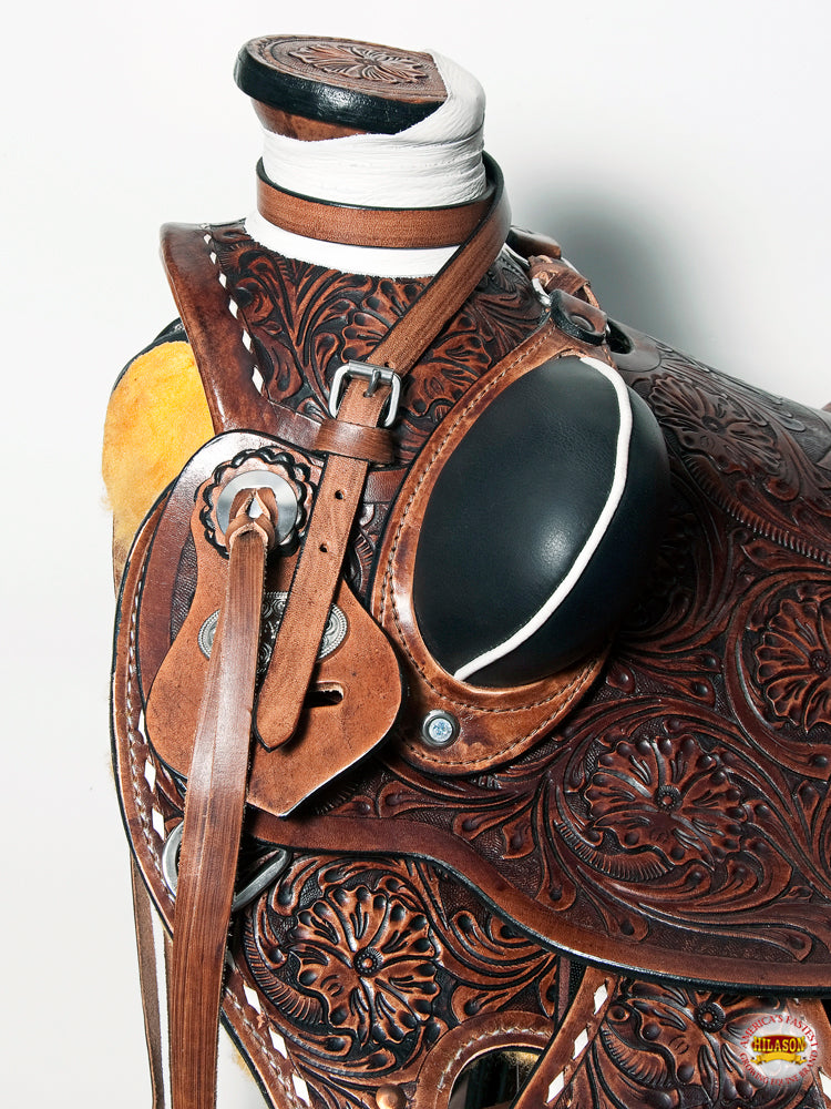 Hilason Western Wade Ranch Roping Floral Leather Saddle — Brown