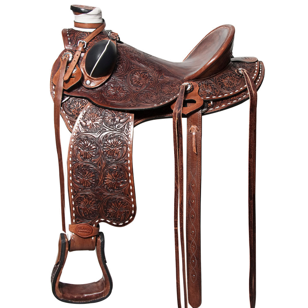 Hilason Western Wade Ranch Roping Floral Leather Saddle — Brown