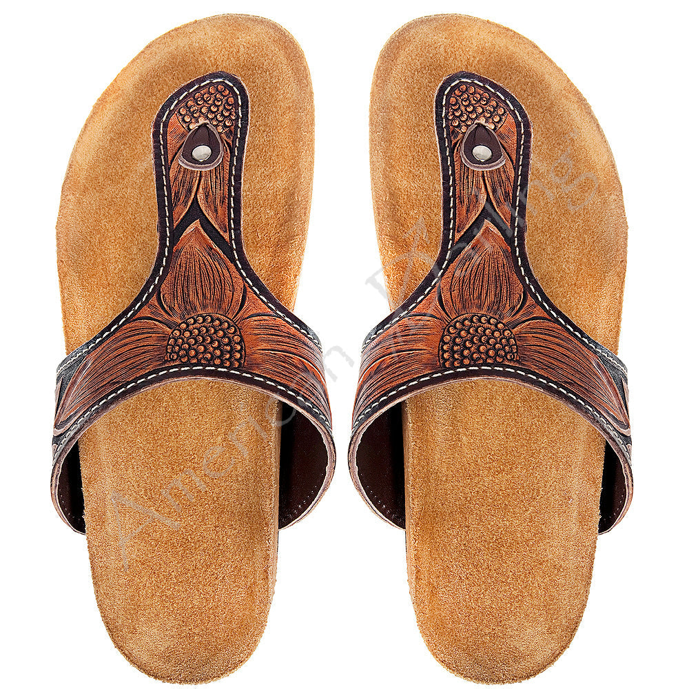 American Darling ADFT105 Hand tooled carved genuine leather sandal footwear flip flop