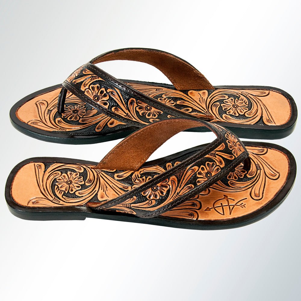 Hand-Tooled Leather Sandal With Hand-Painted Intricately Carved Details And Western Motifs