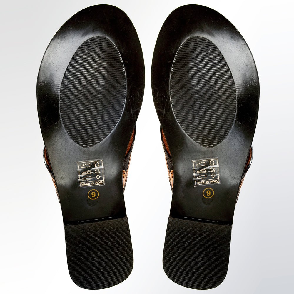 Hand-Tooled Leather Sandal With Hand-Painted Intricately Carved Details And Western Motifs