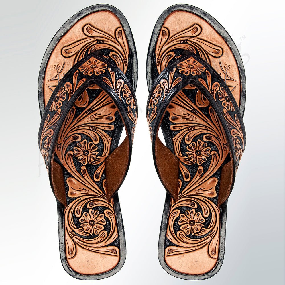 Hand-Tooled Leather Sandal With Hand-Painted Intricately Carved Details And Western Motifs