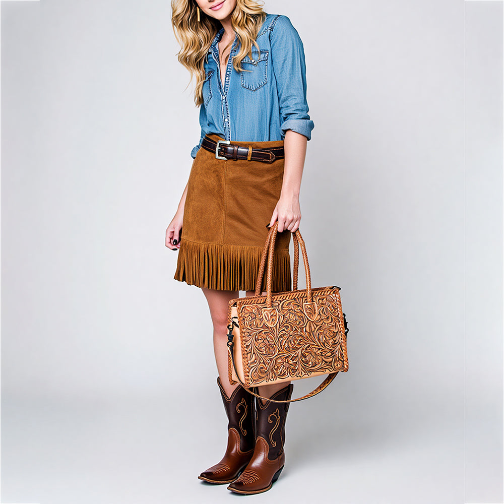 American Darling Hand Tooled Leather Tote Bag  Western Floral Carved Purse