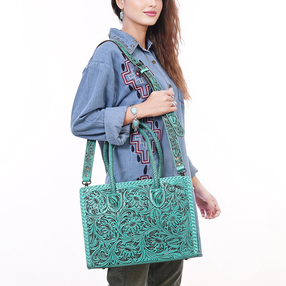 American Darling Hand Tooled Leather Tote Bag  Western Floral Carved Purse