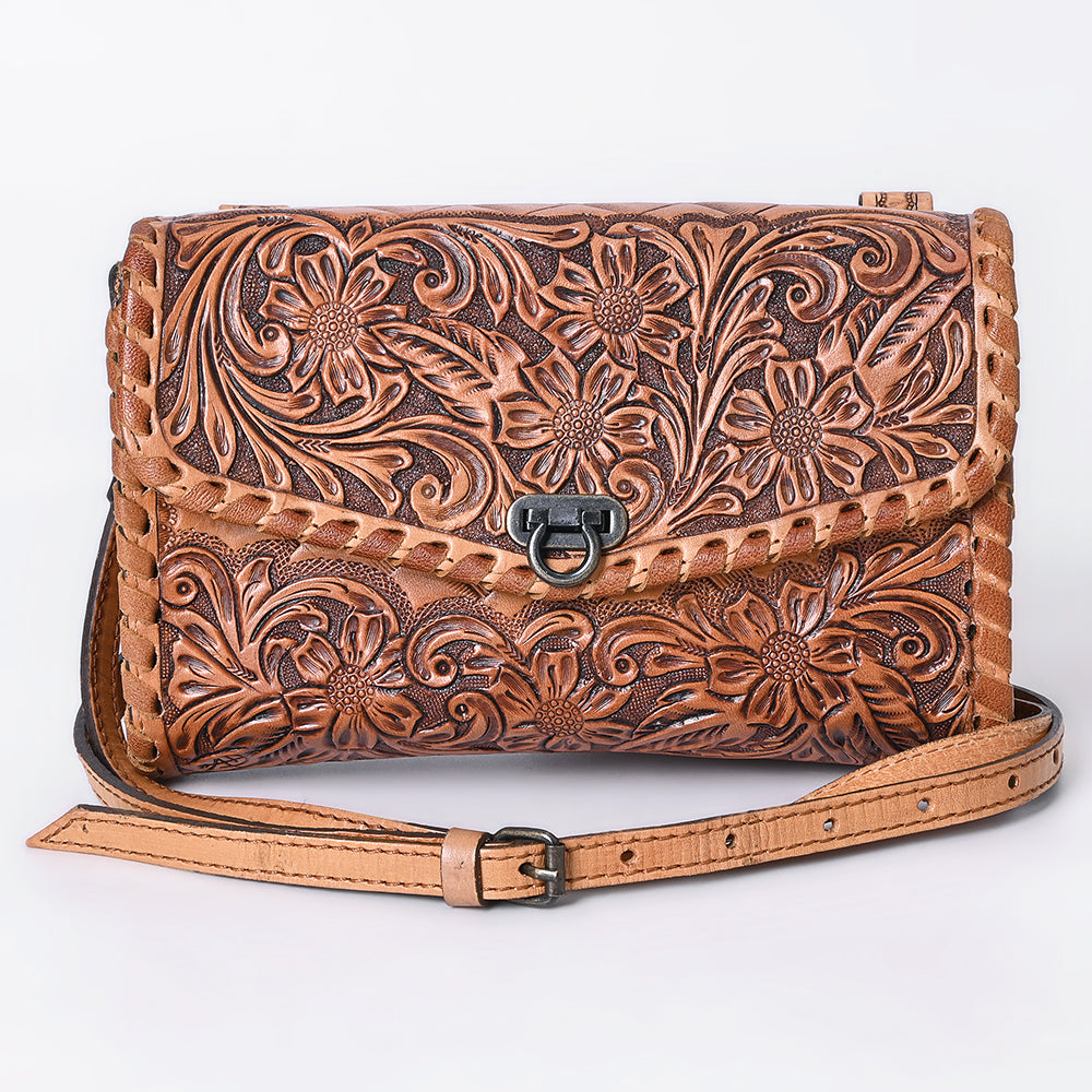 American Darling Western Leather Crossbody Bag Hand Tooled Floral Carved Shoulder Purse with Whipstitch Detail & Adjustable Strap for Women