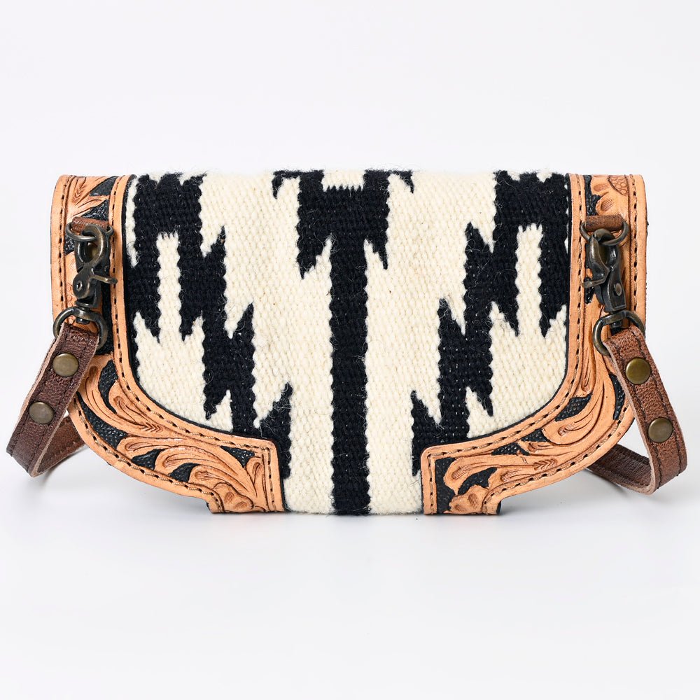 Compact Genuine Leather Western Clutch With Crossbody Strap And Multiple Interior Pockets