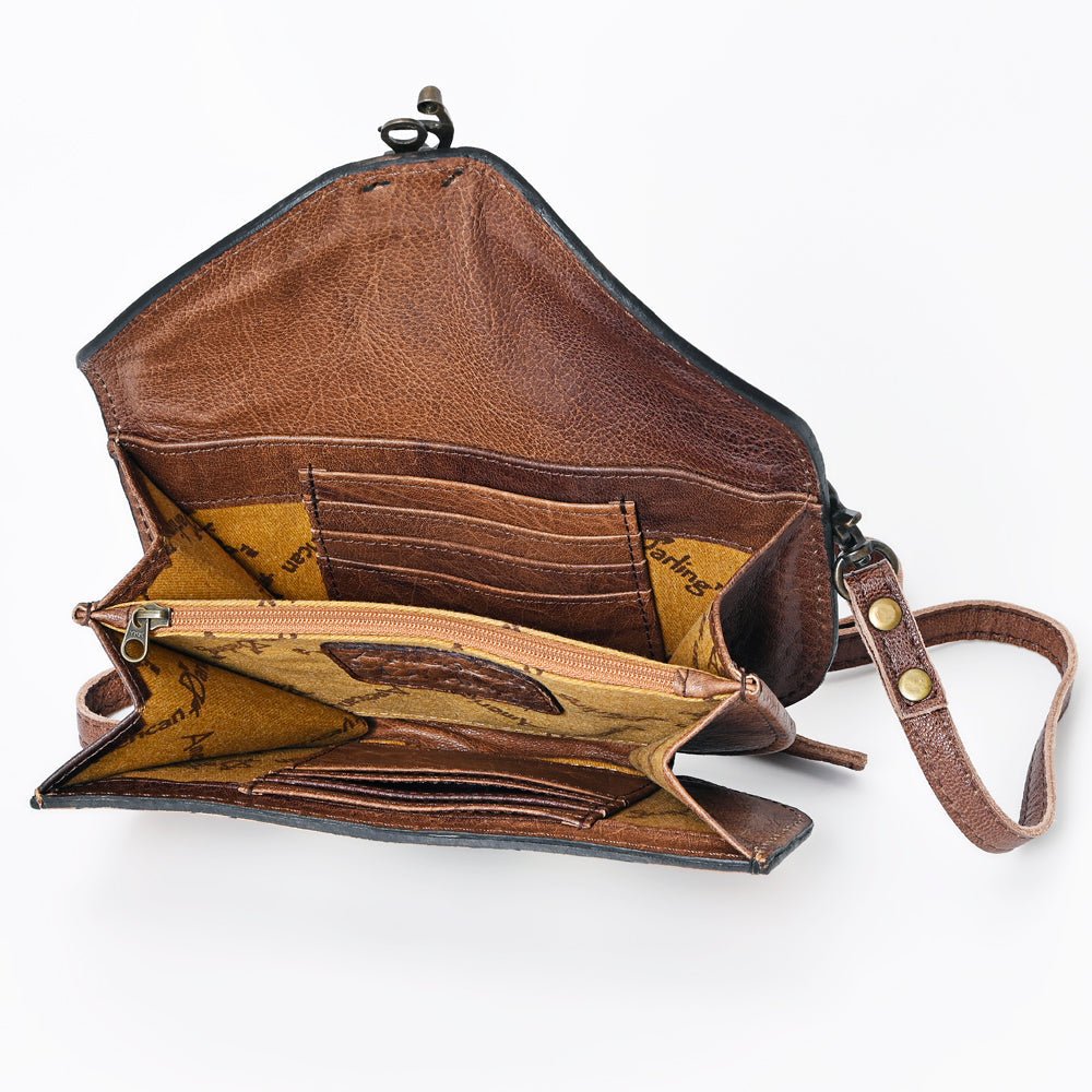Compact Genuine Leather Western Clutch With Crossbody Strap And Multiple Interior Pockets