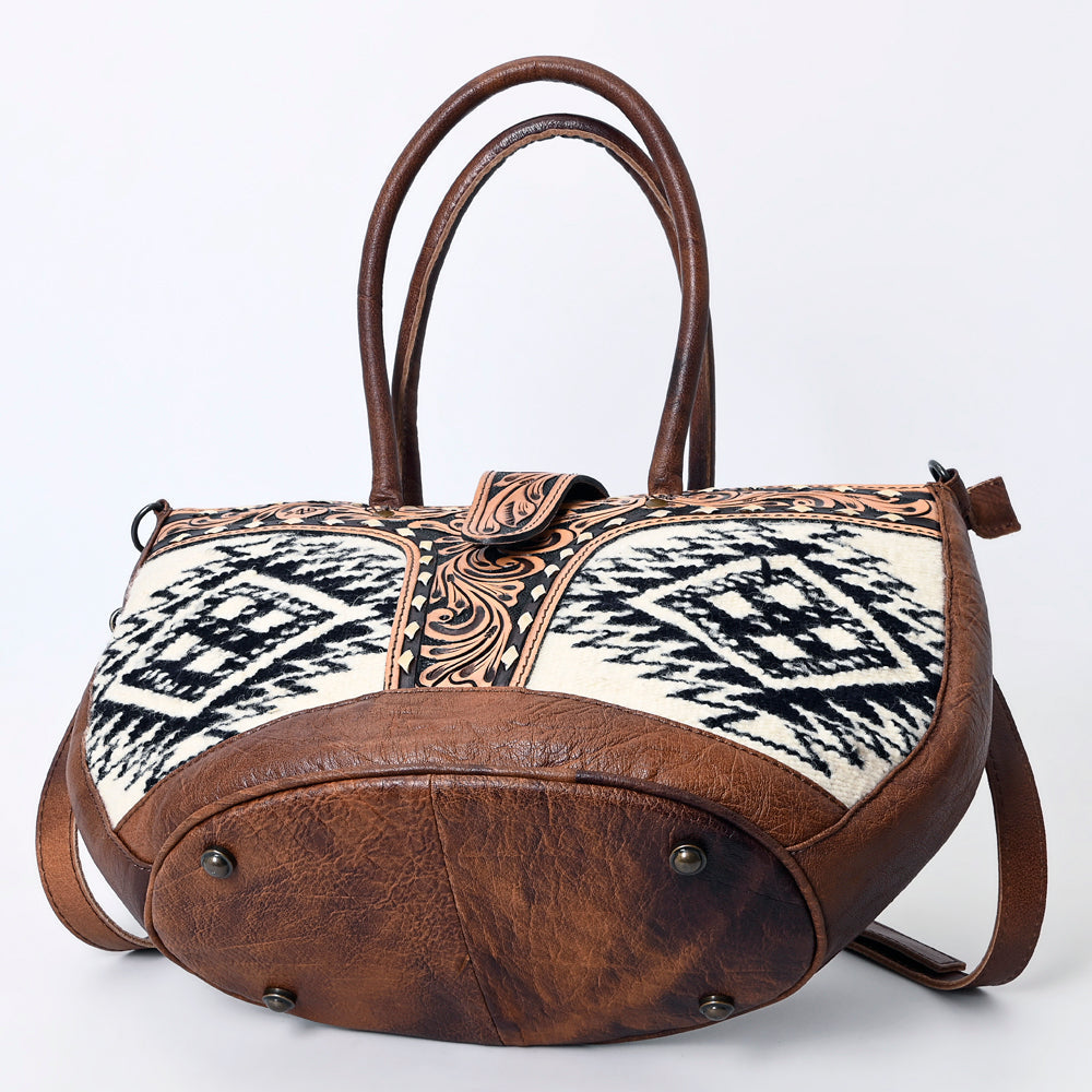 American Darling Western Tote Bag – Hand-Woven Saddle Blanket Design with Genuine Leather, Tooled Floral Accents, and Detachable Strap