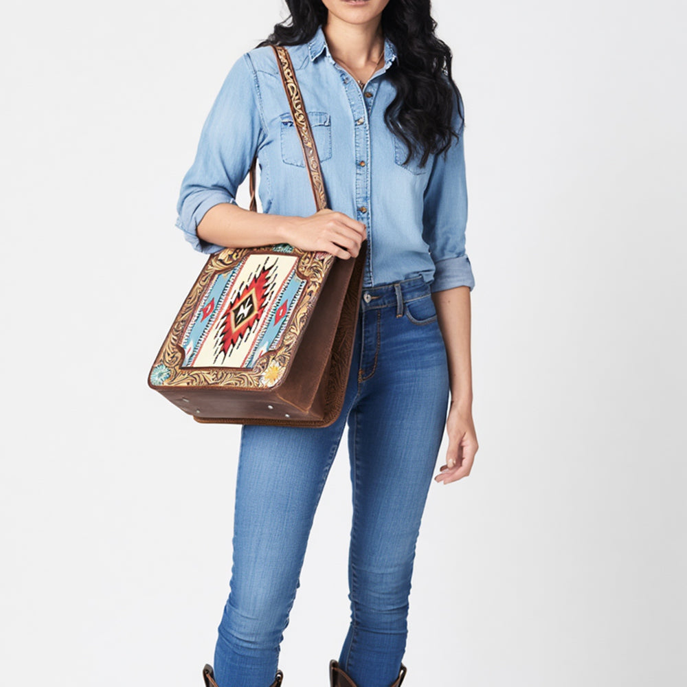American Darling Western Tote Bag Handcrafted from Saddle Blanket & Genuine Leather | Hand Tooled Floral Purse with Painted Accents