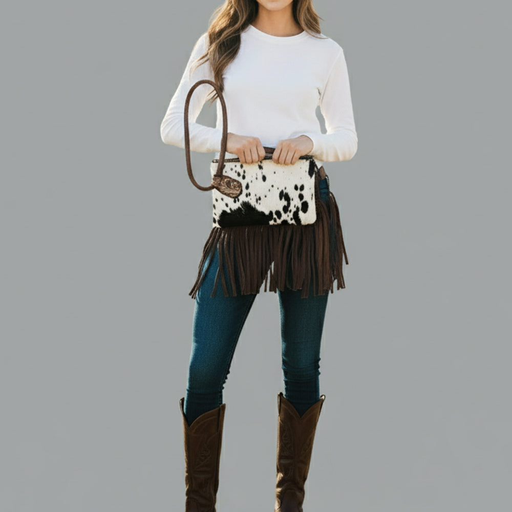 American Darling Western Wristlet Clutch Purse Handcrafted from Hair-On Cowhide & Genuine Leather | Large Fringe Detail