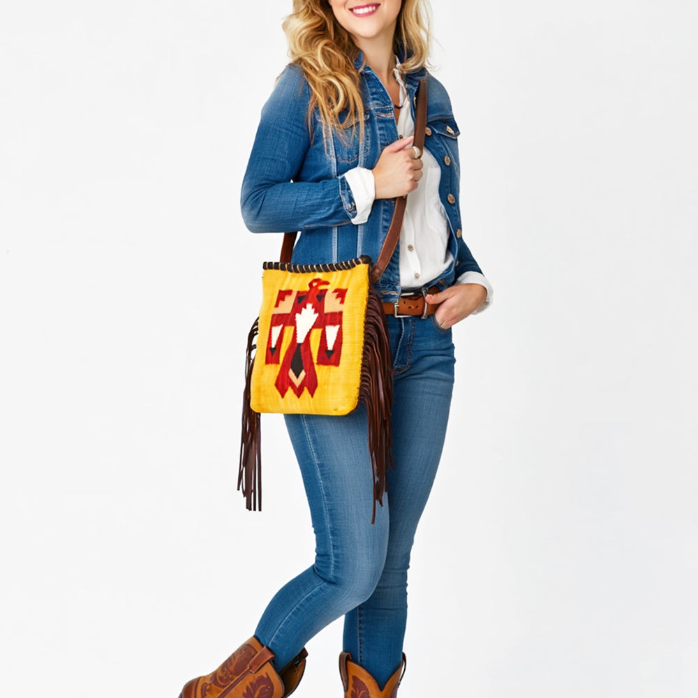 American Darling Western Crossbody Bag Handcrafted from Hand Woven Saddle Blanket | Motif & Long Leather Fringe