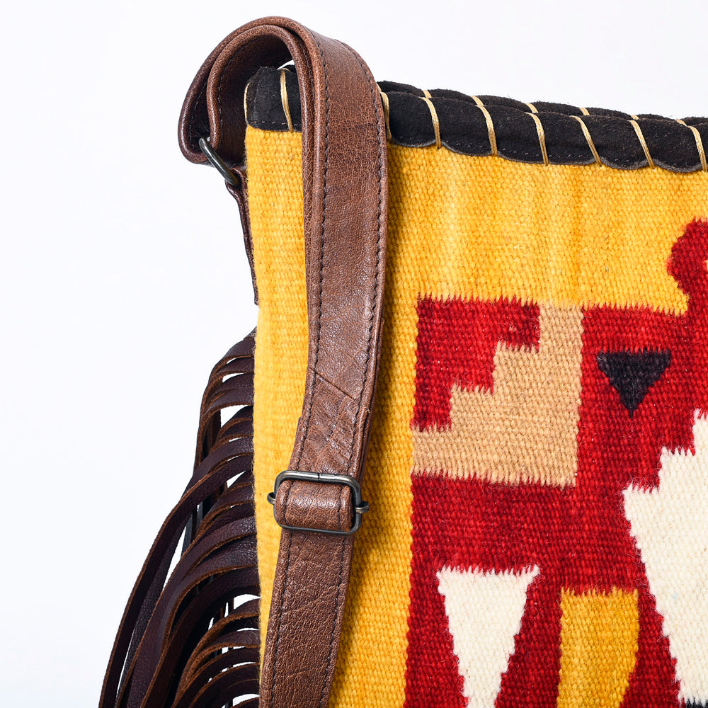 American Darling Western Crossbody Bag Handcrafted from Hand Woven Saddle Blanket | Motif & Long Leather Fringe