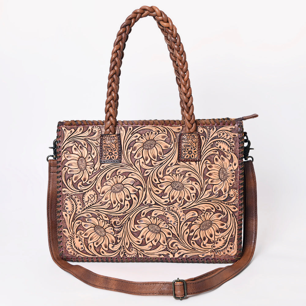 American Darling Western Tote Bag Handcrafted from Hand Tooled Genuine Leather | Floral Carved Purse with Braided Handles & Crossbody Strap