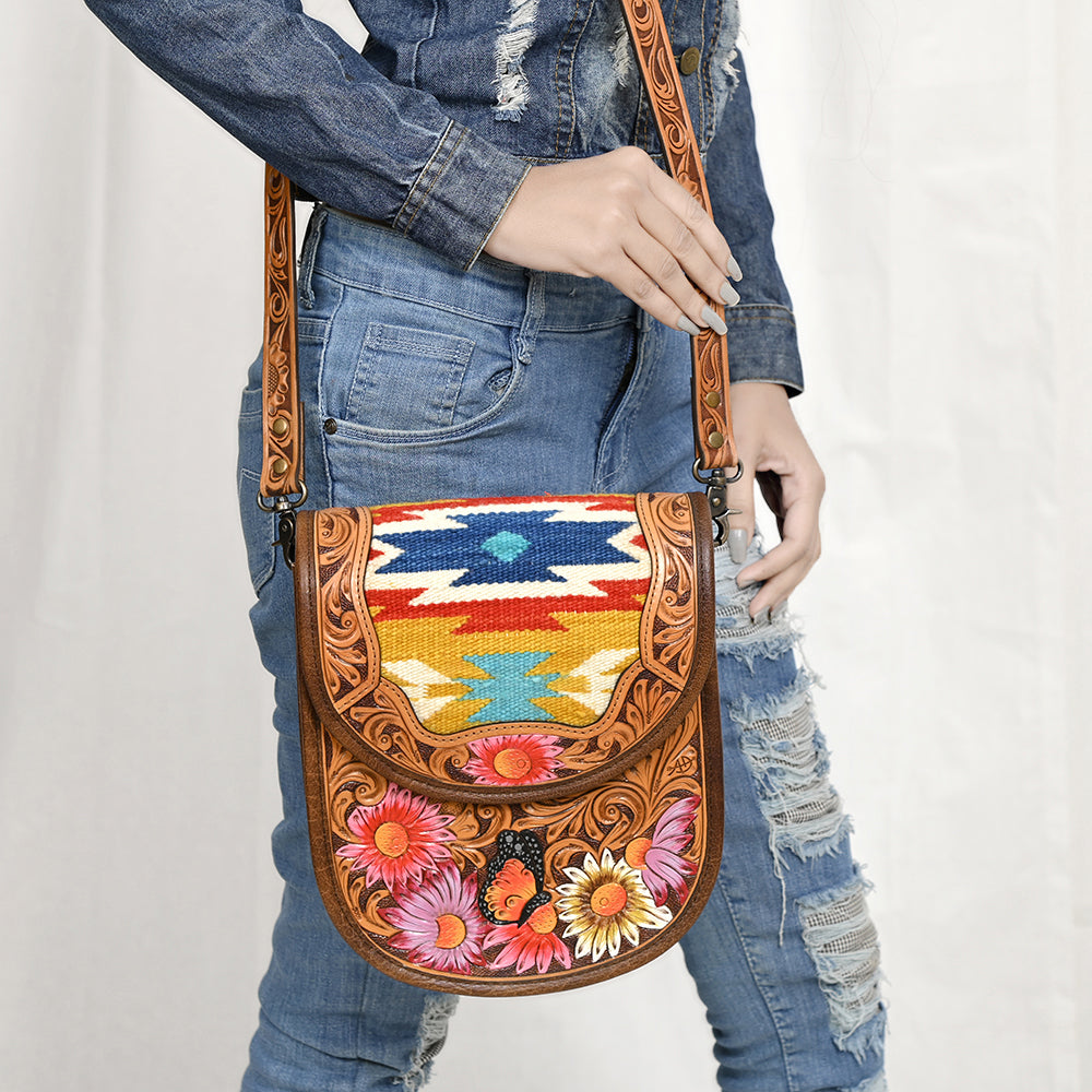 American Darling Crossbody Hand Tooled Saddle Blanket Genuine Leather