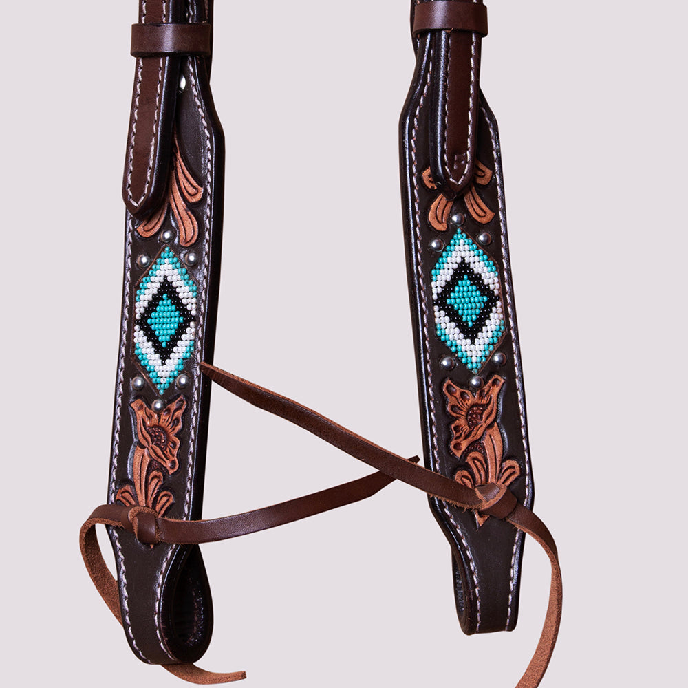 HILASON Horse Beaded Breast Collar One Ear Headstall Noseband Genuine Leather Brown
