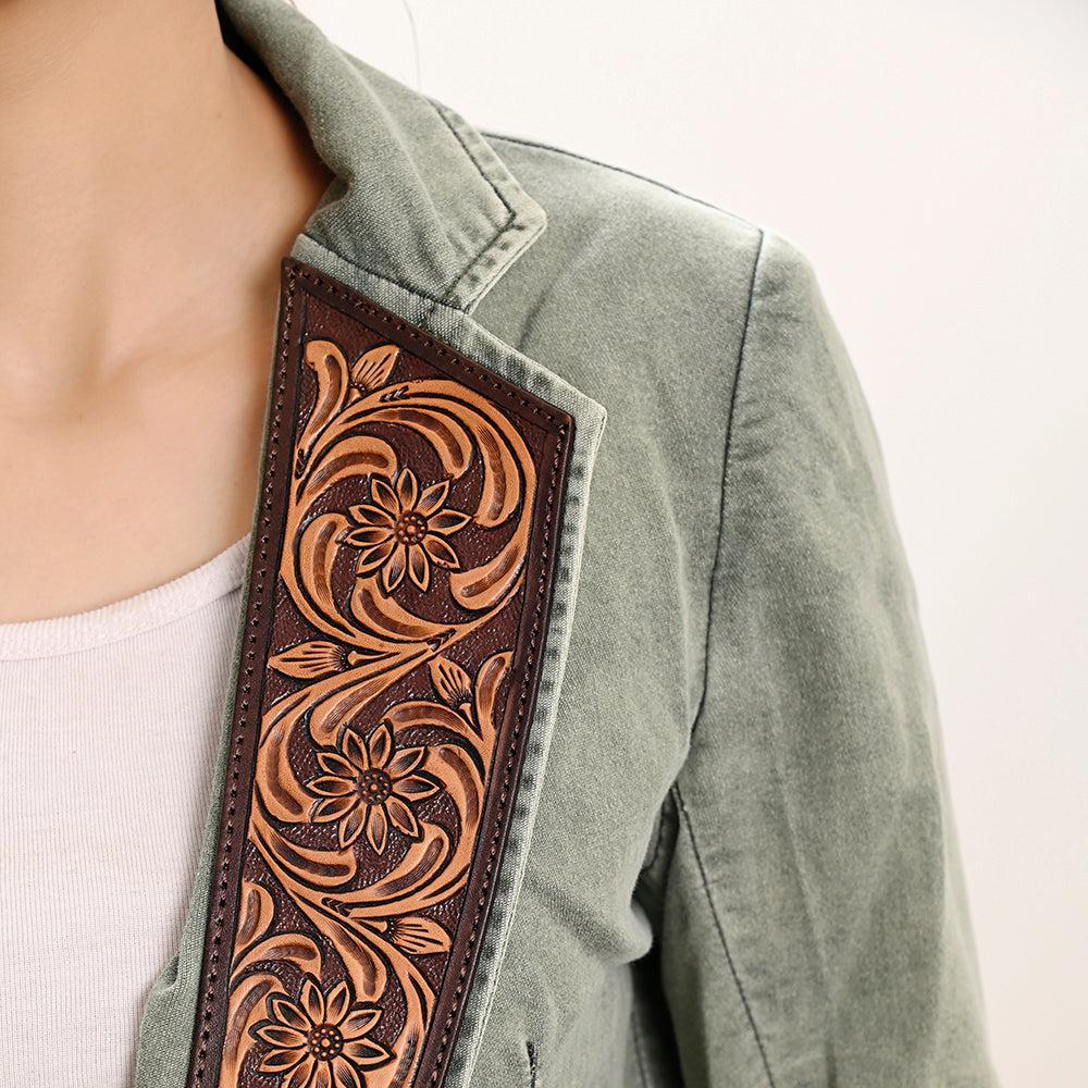 Genuine leather Hand tooled hand carved Women 100% cotton Denim Blazer dress jacket