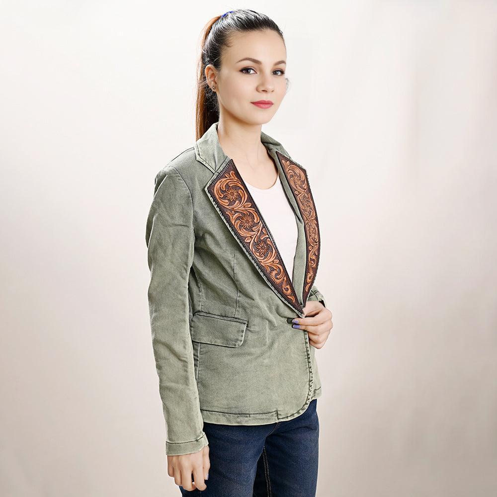 Genuine leather Hand tooled hand carved Women 100% cotton Denim Blazer dress jacket
