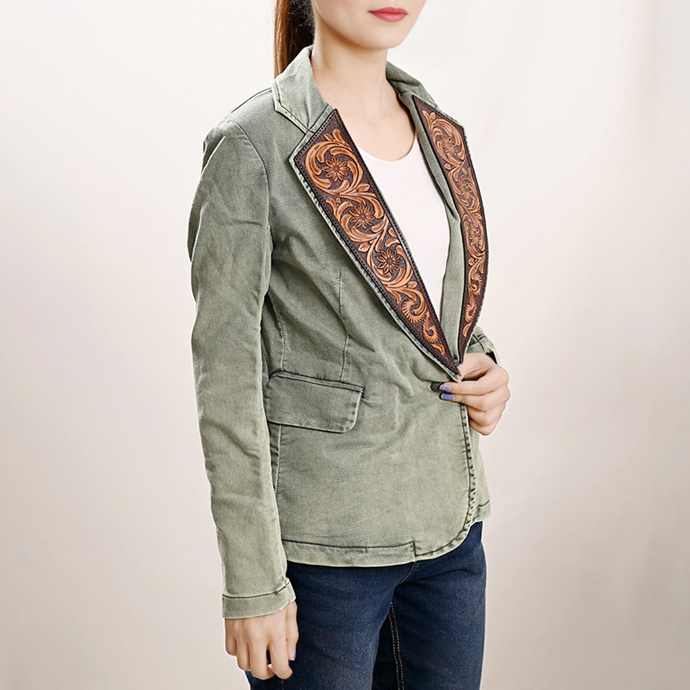 American Darling Genuine leather Hand tooled carved Women 100% cotton Denim Blazer dress jacket | Vintage