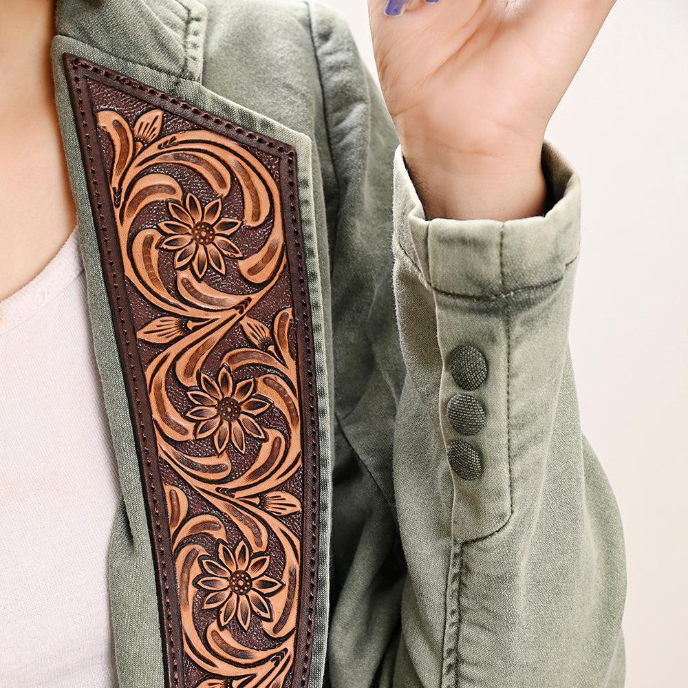 Genuine leather Hand tooled hand carved Women 100% cotton Denim Blazer dress jacket