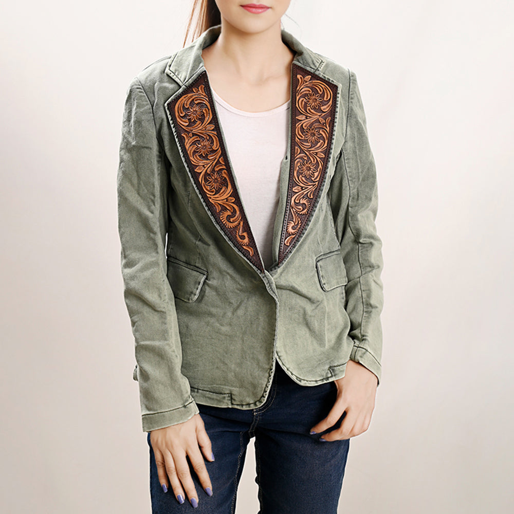 American Darling Genuine leather Hand tooled carved Women 100% cotton Denim Blazer dress jacket | Vintage